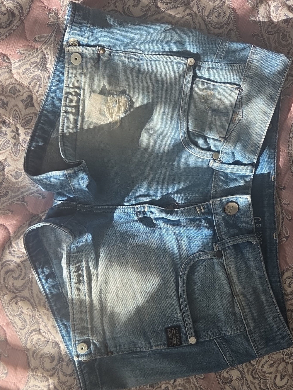 G-Star Light Blue Distressed Denim Shorts